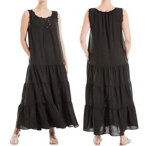 Max Studio London Black Tiered Maxi Dress XL Crochet Lace Boho Cottagecore NWT